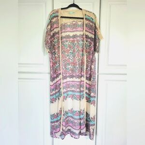 Maurices Floral Patterned Kimono Cardigan, Pink, Beige, Coral, Teal, Size S/M